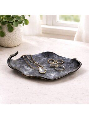 Handcrafted Ceramic Leaf-Shaped Jewelry Tray Black Glaze 10.5" Long Textured Sur
